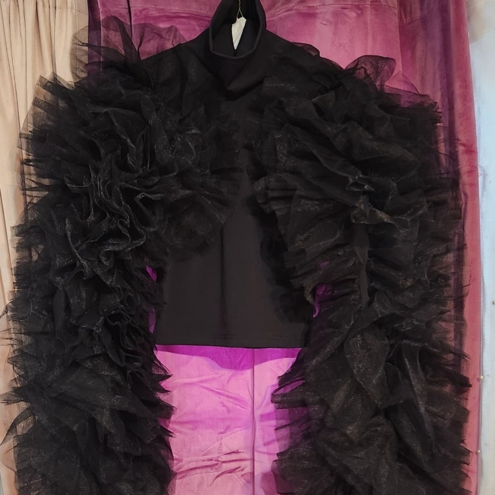 AKIRA Black Tulle Ruffled Sleeve Turtleneck Top